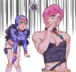  1boy 1girl adonis_belt argyle argyle_sweater black_eyes black_hair blue_eyes blush genderswap genderswap_(ftm) genderswap_(mtf) guido_mista gun highres holster iroha741852963 jojo_no_kimyou_na_bouken midriff pectorals pink_hair short_shorts shorts spoken_squiggle squiggle sweater thigh_holster trembling trish_una vento_aureo weapon 