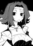  1girl :&lt; bangs breasts circlet code_geass dowman_sayman greyscale highres jewelry kallen_stadtfeld looking_at_viewer monochrome necklace parted_bangs short_hair solo 