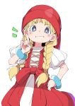  1girl blonde_hair blue_eyes bracelet braid dragon_quest dragon_quest_xi eyebrows_visible_through_hair hand_on_hip hat index_finger_raised ixy jewelry long_hair looking_at_viewer red_hat simple_background solo twin_braids veronica_(dq11) white_background 