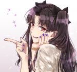  1girl :d black_bow blue_nails bow bracelet brown_hair eyebrows_visible_through_hair fate/grand_order fate_(series) from_side hair_bow index_finger_raised ishtar_(fate/grand_order) jewelry long_hair looking_at_viewer nail_polish open_mouth red_eyes shiny shiny_hair simple_background smile solo star takamatsu_(yamajiai) twintails upper_body very_long_hair white_background 