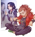  2girls cat fishnet_top formaggio genderswap genderswap_(mtf) highres illuso iroha741852963 jacket jojo_no_kimyou_na_bouken midriff_cutout mirror multiple_girls ponytail red_eyes red_jacket redhead shaved_head vento_aureo 