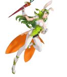  1girl animal_ears bangs breasts bunny_tail carrot choker fake_animal_ears fire_emblem fire_emblem:_mystery_of_the_emblem fire_emblem_heroes food full_body gloves green_eyes green_footwear green_hair hair_ornament headband high_heels highres holding leg_up leotard long_hair mayo_(becky2006) medium_breasts nintendo official_art pantyhose paola pom_pom_(clothes) see-through sleeveless solo tail transparent_background white_gloves 
