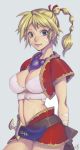  1girl bandage blonde_hair blue_eyes breasts chrono_cross cleavage closed_mouth commentary_request facial_mark gloves high_ponytail jewelry kid_(chrono_cross) knife long_hair looking_at_viewer midriff multi-tied_hair navel necklace ponytail simple_background skirt smile solo vest 