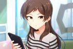  1girl black_rabbit blurry blurry_background brown_eyes brown_hair cellphone collarbone eyebrows_visible_through_hair highres holding holding_phone idolmaster idolmaster_million_live! indoors kitazawa_shiho long_hair looking_at_viewer phone shiny shiny_hair shirt short_sleeves smartphone solo striped striped_shirt upper_body 