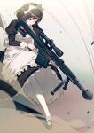  1girl 40hara anti-materiel_rifle apron brown_hair green_eyes gun highres itou_chitose iya_na_kao_sare_nagara_kozukuri_sasete_moraitai maid maid_apron maid_headdress rifle sniper_rifle weapon white_legwear 