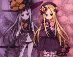  2girls abigail_williams_(fate/grand_order) bangs black_bow black_dress black_gloves black_hat black_panties blonde_hair bloomers blue_eyes bow bug butterfly character_name closed_mouth commentary_request dress dual_persona elbow_gloves fate/grand_order fate_(series) forehead gloves grey_hair groin hair_bow hat head_tilt holding holding_key insect key keyhole long_hair long_sleeves looking_at_viewer multiple_girls navel object_hug orange_bow oversized_object pale_skin panties parted_bangs polka_dot polka_dot_bow red_eyes revealing_clothes sleeves_past_fingers sleeves_past_wrists star stuffed_animal stuffed_toy suction_cups teddy_bear tentacle underwear very_long_hair white_bloomers yo-cchi 