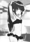  1girl absurdres adjusting_hair arm_up armpits bangs bikini black_bikini blush collarbone cowboy_shot flat_chest frilled_bikini frills hair_tie hair_tie_in_mouth halter_top halterneck highres holding holding_hair long_hair looking_at_viewer monochrome mouth_hold navel peko ponytail shima_rin solo standing swimsuit yurucamp 