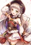  1girl :d armpits bangs bare_shoulders beret black_hat black_legwear black_shirt blunt_bangs blush braid commentary_request cowboy_shot detached_collar detached_sleeves frills fringe_trim granblue_fantasy green_eyes hand_up hat heterochromia light_particles long_hair looking_at_viewer open_mouth pholia sakura_ani shirt silver_hair skirt smile solo standing thick_eyebrows thigh-highs very_long_hair white_skirt yellow_eyes zettai_ryouiki 