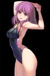  1girl armpits arms_up bangs black_background breasts cleavage collarbone competition_swimsuit highleg highleg_swimsuit highres looking_at_viewer masao medium_breasts medium_hair one-piece_swimsuit open_mouth original pink_hair solo standing swimsuit whistle yellow_eyes 