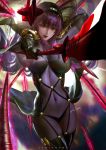  1girl artist_name bangs banned_artist bodysuit breasts covered_navel cowboy_shot eyebrows_visible_through_hair fate/grand_order fate_(series) gae_bolg hair_between_eyes holding holding_spear holding_weapon large_breasts long_hair looking_at_viewer open_mouth pauldrons polearm purple_bodysuit purple_hair red_eyes scathach_(fate)_(all) scathach_(fate/grand_order) sidelocks signature solo spear very_long_hair weapon zumi_(zumidraws) 