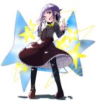  1girl :d bangs black_legwear bow bowtie brown_eyes buttons eyebrows_visible_through_hair full_body hands_up head_tilt highres idolmaster idolmaster_cinderella_girls jamir koshimizu_sachiko legs_apart long_sleeves mary_janes open_mouth pantyhose purple_hair red_footwear red_skirt shoes short_hair skirt smile solo standing star teeth yellow_bow yellow_neckwear 