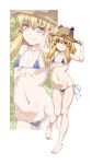  1girl adjusting_clothes adjusting_hat arms_up bangs bare_legs barefoot bikini blonde_hair blush brown_hat commentary_request eyebrows_visible_through_hair full_body groin hair_between_eyes hair_ribbon halterneck hat long_hair looking_at_viewer micro_bikini moriya_suwako navel ootsuki_wataru purple_bikini red_ribbon ribbon shiny shiny_skin side-tie_bikini sidelocks simple_background smile solo standing standing_on_one_leg stomach swimsuit thighs touhou white_background yellow_eyes zoom_layer 