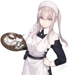  1girl 2019 alternate_costume apron black_dress blonde_hair blue_eyes breasts buttons closed_mouth coffee_mug collared_dress cup dated dress enmaided graf_zeppelin_(kantai_collection) hand_on_hip kantai_collection large_breasts long_sleeves looking_at_viewer maid maid_dress mug rokuwata_tomoe sidelocks simple_background smile solo steam sugar_bowl tray twintails twitter_username upper_body white_apron white_background 