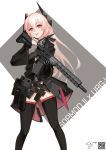  1girl absurdres assault_rifle bandanna bangs blonde_hair commentary english_commentary girls_frontline grey_background gun hair_between_eyes headgear highres holding holding_weapon jacket light_smile long_hair looking_at_viewer m4_carbine m4_sopmod_ii_(girls_frontline) mechanical_arm multicolored_hair pouch qr_code red_eyes redhead rifle saliva simple_background solo standing streaked_hair thigh-highs tongue tongue_out twitter_username vectorek weapon white_background 