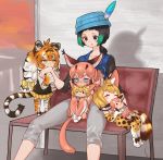  4girls :&lt; =3 ^_^ animal_ear_fluff animal_ears animal_print bench biting black_eyes black_hair black_shirt black_vest blonde_hair blue_eyes blue_vest blush bow caracal_(kemono_friends) caracal_ears caracal_tail character_doll chibi closed_eyes closed_eyes collarbone commentary_request doll_hug ear_blush elbow_gloves extra_ears fang gloves gradient_hair green_eyes green_hair grey_pants hair_bow hat hat_feather highres kemono_friends kyururu_(kemono_friends) long_hair long_sleeves low_ponytail minigirl multicolored_hair multiple_girls nose_blush notora older orange_hair pants paws pleated_skirt print_gloves print_legwear print_skirt serval_(kemono_friends) serval_ears serval_print serval_tail shirt short_hair short_ponytail siberian_tiger_(kemono_friends) sitting sitting_on_lap sitting_on_person skirt sparkle striped_tail sweat sweating_profusely tail thigh-highs tiger_ears tiger_print tiger_tail vest white_hair yellow_bow 