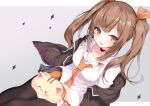  1girl :p black_legwear breasts brown_hair cat cat_on_lap choker cleavage copyright_request hair_ribbon long_hair looking_at_viewer medium_breasts off_shoulder orange_eyes outside_border ribbon sidelocks simple_background sitting skirt solo thigh-highs tongue tongue_out twintails yuui_hutabakirage 