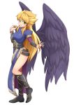  1girl angel_wings blonde_hair blush boots breasts breath_of_fire breath_of_fire_ii bridal_gauntlets commentary_request dress green_eyes hamburger_kitazawa knee_boots long_hair looking_at_viewer nina_(breath_of_fire_ii) open_mouth purple_wings side_slit simple_background solo white_background wings 