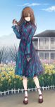  1girl absurdres bangs bare_tree black_bow blue_dress blurry bow brown_eyes brown_hair clouds commentary_request depth_of_field dress floral_print flower full_body high_collar highres idolmaster idolmaster_cinderella_girls loafers long_hair long_sleeves looking_at_viewer mansion mizumoto_yukari outdoors parted_lips playing_with_hair shoes sky smile solo standing toshio tree tulip white_socks 