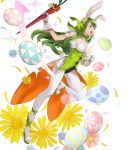  1girl animal_ears bangs breasts bunny_tail carrot choker fake_animal_ears fire_emblem fire_emblem:_mystery_of_the_emblem fire_emblem_heroes food full_body gloves green_eyes green_footwear green_hair hair_ornament headband high_heels highres holding leg_up leotard long_hair mayo_(becky2006) medium_breasts nintendo official_art pantyhose paola pom_pom_(clothes) rabbit_ears see-through sleeveless solo tail transparent_background white_gloves 
