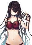  1girl bangs bare_arms bare_shoulders blue_hair bra breasts brown_hair closed_mouth collarbone commentary_request eyebrows_visible_through_hair fingernails gradient_hair hair_over_one_eye hakuishi_aoi hand_up holding holding_hair lace lace-trimmed_bra lace-trimmed_panties long_hair looking_at_viewer medium_breasts multicolored_hair original panties red_bra red_eyes red_panties simple_background solo underwear underwear_only very_long_hair white_background 