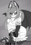 1girl 2018 animal_ears blush claws cup drink elakan eyebrows_visible_through_hair fur greyscale highres looking_at_viewer manticore_(monster_girl_encyclopedia) monochrome monster_girl monster_girl_encyclopedia paws shirt simple_background slit_pupils smile tail wings 