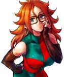 1girl android_21 arm_up black-framed_eyewear blue_eyes breasts brown_hair checkered checkered_dress clenched_hand closed_mouth collarbone commentary_request curly_hair detached_sleeves dragon_ball dragon_ball_fighterz dress earrings glasses hand_on_hip hand_on_own_cheek hoop_earrings jewelry long_hair looking_at_viewer lowres medium_breasts sleeveless sleeveless_dress solo st62svnexilf2p9 two-tone_dress upper_body very_long_hair 