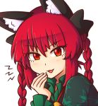 1girl :&gt; :3 animal_ear_fluff animal_ears bangs black_bow blush bow braid cat_ears commentary commission dress english_commentary eyebrows_visible_through_hair eyelashes green_dress hair_between_eyes hair_bow hand_up kaenbyou_rin long_hair long_sleeves looking_at_viewer parted_lips portrait red_eyes redhead sidelocks simple_background solo touhou twin_braids twintails v-shaped_eyebrows white_background wool_(miwol) 