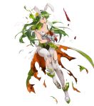  1girl animal_ears bangs bare_shoulders breasts bunny_tail choker dirty_clothes fingernails fire_emblem fire_emblem:_mystery_of_the_emblem fire_emblem_heroes flower gloves green_eyes green_footwear green_hair hair_ornament headband high_heels highres leotard long_hair mayo_(becky2006) medium_breasts nintendo official_art open_mouth pantyhose paola petals pom_pom_(clothes) rabbit_ears see-through shiny shiny_hair sleeveless solo tail torn_clothes torn_gloves transparent_background 