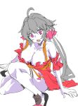  1girl ahoge bare_shoulders blush breasts cleavage large_breasts long_hair low_twintails lyrical_denko open_mouth senki_zesshou_symphogear silver_hair sketch solo thigh-highs twintails very_long_hair violet_eyes yukine_chris 