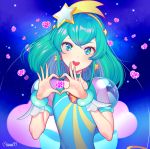  1girl :d blue_eyes blue_hair bracelet cure_milky earrings gem hagoromo_lala hair_ornament hair_ribbon hairband heart heart_hands jewelry long_hair looking_at_viewer marty_(chochomi16) open_mouth precure ribbon see-through short_sleeves smile solo star star_earrings star_hair_ornament star_twinkle_precure yellow_hairband yellow_ribbon 