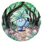  blush_stickers commentary creature creatures_(company) english_commentary flower full_body game_freak gen_1_pokemon grass highres nintendo oddish oliver_hamlin outdoors plant pokemon pokemon_(creature) signature smile solo standing standing_on_one_leg 