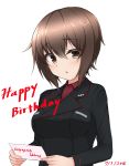  1girl :o bangs black_jacket blush brown_eyes brown_hair commentary dated dress_shirt english_text girls_und_panzer happy_birthday highres insignia jacket kuromorimine_military_uniform long_sleeves looking_at_viewer military military_uniform nama_kn nishizumi_maho open_mouth red_shirt shirt short_hair solo uniform upper_body 