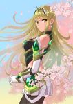  1girl bare_shoulders black_legwear blonde_hair breasts cherry_blossoms cowboy_shot dress earrings elbow_gloves flower gem glint gloves mythra_(xenoblade) jewelry light_particles medium_breasts nintendo ooshima_aki open_mouth pink_flower pleated_dress short_dress solo sparkle straight_hair tiara xenoblade_(series) xenoblade_2 yellow_eyes 