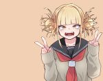  1girl absurdres bangs beige_background blonde_hair blunt_bangs boku_no_hero_academia cardigan commentary_request dot_nose double_bun double_v eyebrows_visible_through_hair fangs highres jipponwazaari long_sleeves looking_at_viewer messy_hair open_mouth school_uniform serafuku short_hair simple_background sleeves_past_wrists smile solo toga_himiko upper_body v yellow_eyes 