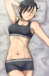  1girl abs arm_behind_head black_bra black_panties boyshorts bra breasts cleavage closed_eyes gundam gundam_wing itou_katsumi lying medium_breasts navel on_back panties pillow short_hair solo sports_bra underwear underwear_only 