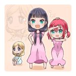  3girls :d aqua_eyes bangs barefoot black_hair blonde_hair blue_eyes blue_nightgown blunt_bangs blush bow braid clenched_hands commentary_request hair_bow hand_on_another&#039;s_head hand_on_hip knees_up kurosawa_dia kurosawa_ruby long_hair love_live! love_live!_sunshine!! low_twintails mole mole_under_mouth morimaiko multiple_girls nightgown ohara_mari open_mouth pink_bow pink_nightgown pose redhead sidelocks sitting smile sparkle standing tan_background twin_braids twintails zoom_layer 