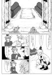  2girls comic dress frilled_sleeves frills ghost_tail greyscale hat highres japanese_clothes long_sleeves medium_hair monochrome mononobe_no_futo multiple_girls ofuda ofuda_on_clothes opagi pom_pom_(clothes) ponytail scan short_hair skirt soga_no_tojiko tate_eboshi touhou translation_request wide_sleeves 