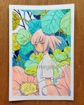  1girl artist_name bangs eyebrows_visible_through_hair eyes_visible_through_hair flower green_eyes highres leaf looking_at_viewer meyoco original photo pink_flower pink_hair plant short_hair short_sleeves solo traditional_media upper_body 