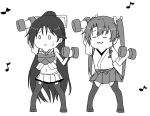  2girls :&gt; armor bangs closed_eyes dumbbell elbow_gloves exercise full_body gloves greyscale hair_between_eyes hair_ribbon hakama_skirt hip_vent japanese_clothes kantai_collection katsuragi_(kantai_collection) kimono long_hair microskirt midriff monochrome multiple_girls musical_note navel nikonikosiro no_shoes pleated_skirt ponytail remodel_(kantai_collection) ribbon simple_background skirt sweat tasuki thigh-highs twintails white_background zuikaku_(kantai_collection) 