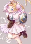  1girl blonde_hair blue_eyes breasts bun_cover child chrono_cross closed_mouth commentary_request double_bun dress gloves looking_at_viewer marcy_(chrono_cross) piggybank_(pixiv) shield short_hair simple_background skirt small_breasts smile solo 