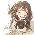  1girl :d ^_^ adjusting_camera bangs beige_shirt blush brown_hair camera closed_eyes closed_eyes commentary_request facing_viewer highres holding holding_camera kana_(okitasougo222) long_sleeves open_mouth original short_hair smile solo sweatshirt upper_body white_background 