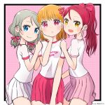 3girls :d aida_rikako artist_name bangs black_border blue_eyes blush border clothes_writing commentary_request grey_hair hair_ribbon hand_on_another&#039;s_shoulder hand_on_own_chin highres inami_anju looking_at_viewer love_live! love_live!_sunshine!! low_twintails morimaiko multiple_girls open_mouth orange_hair photo-referenced pink_background pink_skirt pleated_skirt ponytail puckered_lips red_eyes red_ribbon red_skirt redhead ribbon saitou_shuka sakurauchi_riko seiyuu_connection shirt short_hair short_sleeves short_twintails skirt smile takami_chika twintails watanabe_you white_shirt white_skirt yellow_eyes 