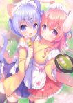  2girls :d animal_ears apron asymmetrical_docking bangs black_legwear blue_eyes blue_hair blue_skirt blush bow breast_press breasts cat_ears cat_girl cat_tail commentary_request dango day eyebrows_visible_through_hair fish_hair_ornament flat_chest food frilled_apron frilled_skirt frills hair_between_eyes hair_ornament hanami hand_up highres holding holding_food holding_tray japanese_clothes kimono long_hair long_sleeves looking_at_viewer maid_headdress medium_breasts multiple_girls onka open_mouth original outdoors parted_lips pink_bow pink_hair rabbit_ears red_skirt sakura_(usashiro_mani) sanshoku_dango skirt smile tail tail_raised thigh-highs tray tree usashiro_mani violet_eyes wa_maid wagashi white_apron wide_sleeves yellow_kimono 
