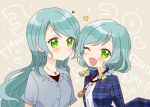  2girls ;d aqua_hair bang_dream! beige_background blue_shirt blush bow collared_shirt commentary_request dated green_eyes hair_bow happy_birthday heart hikawa_hina hikawa_sayo long_hair looking_at_another looking_at_viewer miyuara multiple_girls one_eye_closed open_mouth plaid plaid_shirt shirt short_hair short_sleeves siblings side_braids sisters smile twins upper_body violet_eyes white_shirt yellow_bow 