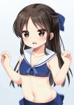  1girl agung_syaeful_anwar bangs bare_arms bikini blue_background blue_bikini blue_bow blush bow brown_eyes brown_hair collarbone commentary eyebrows_visible_through_hair forehead gradient gradient_background hair_bow hands_up idolmaster idolmaster_cinderella_girls long_hair looking_at_viewer navel open_mouth parted_bangs sailor_bikini sailor_collar sidelocks solo swimsuit tachibana_arisu very_long_hair white_sailor_collar 