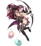  1girl animal_ears arrow bangs bare_shoulders black_gloves black_leotard boots bow_(weapon) braid breasts bunny_tail cleavage collarbone egg elbow_gloves fake_animal_ears fire_emblem fire_emblem_heroes full_body gloves high_heels highres holding holding_bow_(weapon) holding_weapon large_breasts leotard lips lipstick loki_(fire_emblem_heroes) long_hair looking_away makeup nintendo official_art open_mouth parted_bangs purple_hair shiny shiny_skin solo tail thigh-highs thigh_boots thighs toshiyuki_kusakihara transparent_background violet_eyes weapon 