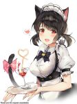  1girl :d animal_ear_fluff animal_ears apron black_dress black_hair black_neckwear blush bow bowtie breasts cat_ears cat_girl cat_tail cocktail_glass collared_dress commission cup dress drink drinking_glass drinking_straw frilled_apron frilled_dress frilled_sleeves frills heart highres holding holding_tray long_hair looking_at_viewer low_twintails maid_apron maid_headdress medium_breasts onew open_mouth original puffy_short_sleeves puffy_sleeves red_eyes ribbon short_sleeves smile solo spoken_heart tail tail_ribbon tray twintails twitter_username upper_body waist_apron 