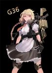  1girl apron assault_rifle bandaid bandaid_on_face bangs black_background black_gloves blonde_hair blue_eyes blush braid breasts character_name cropped_vest dress eyebrows_visible_through_hair floating_hair g36_(girls_frontline) girls_frontline gloves grenade_launcher gun h&amp;k_g36 hair_between_eyes hair_ornament headwear_removed highres holding holding_gun holding_headdress holding_weapon ihobus load_bearing_equipment long_hair maid maid_apron maid_headdress medium_breasts parted_lips rifle sidelocks simple_background single_braid smile solo tom_clancy&#039;s_the_division very_long_hair watch weapon 