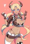  1girl animal_print bell bell_collar blonde_hair blush breasts cleavage collar cow_bell cow_girl cow_horns cow_print earrings gloves heart heart_earrings highres horns jewelry large_breasts licking_lips long_hair low_twintails navel original paki_hanbiruu shorts solo thigh-highs tongue tongue_out twintails white_day 