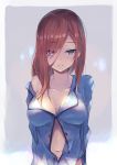 1girl blue_eyes blush breasts brown_hair collarbone go-toubun_no_hanayome hinot long_hair looking_at_viewer nakano_miku open_clothes open_mouth simple_background solo tagme 